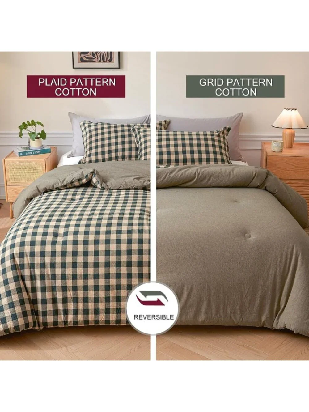 Cozy Cotton Plaid Full Comforter Set - Soft Lightweight Bedding, 3 Pieces